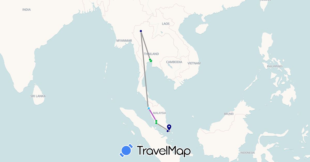 TravelMap itinerary: driving, bus, plane, train, boat in Malaysia, Singapore, Thailand (Asia)